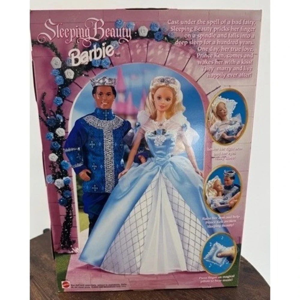 Vintage NEW Mattel 1997 Sleeping Beauty Barbie Doll Blue Gown Musical Pillow